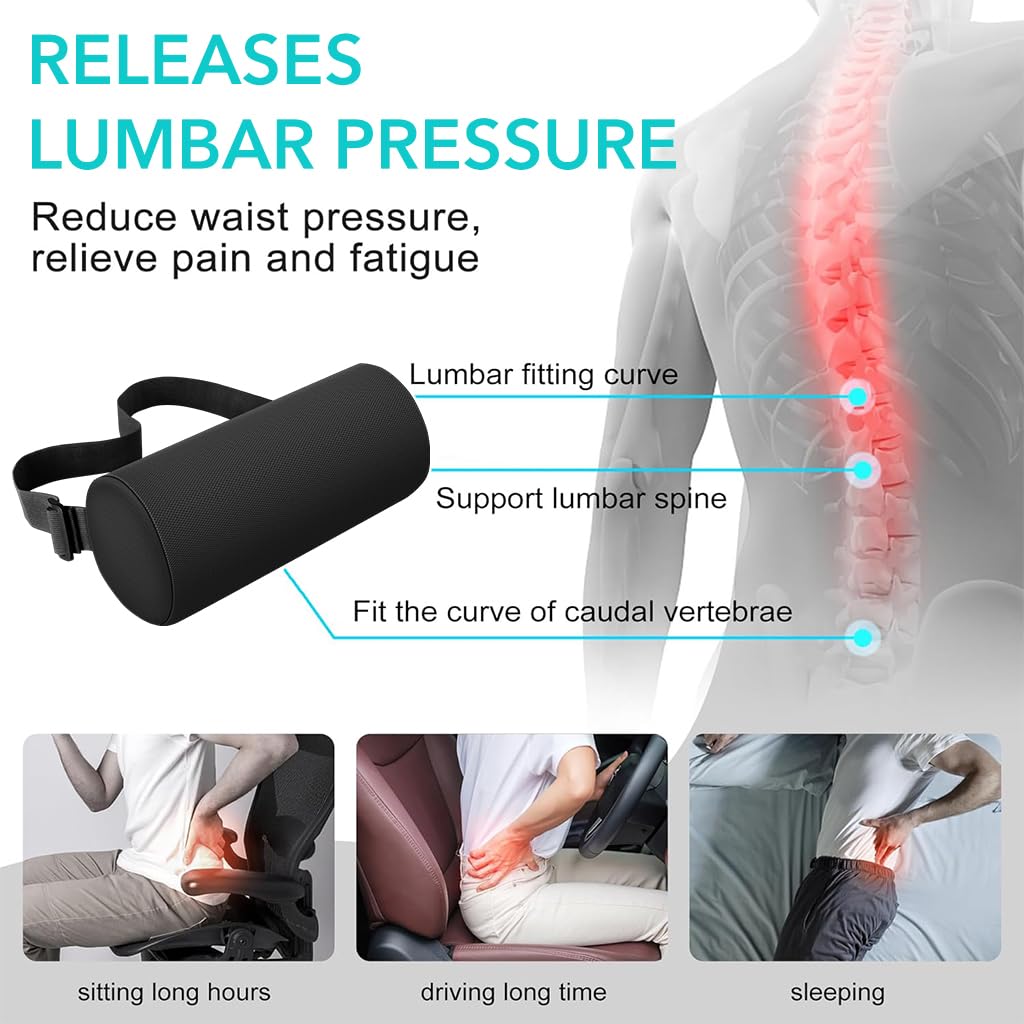 HANNEA Lumbar Support Pillow for Office Chair Lumbar Roll for Chair, Lumbar Roll Pillow for Relieving Back Pain & Improving Posture with Elastic Strap