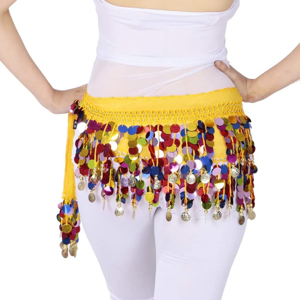 PALAY Belly Dance Hip Scarf Waistband Belt Belly Dance Skirt Wrap with Colorful Bling Coins Fancy Belly Dance Costume Accessories for Women Girls Yellow
