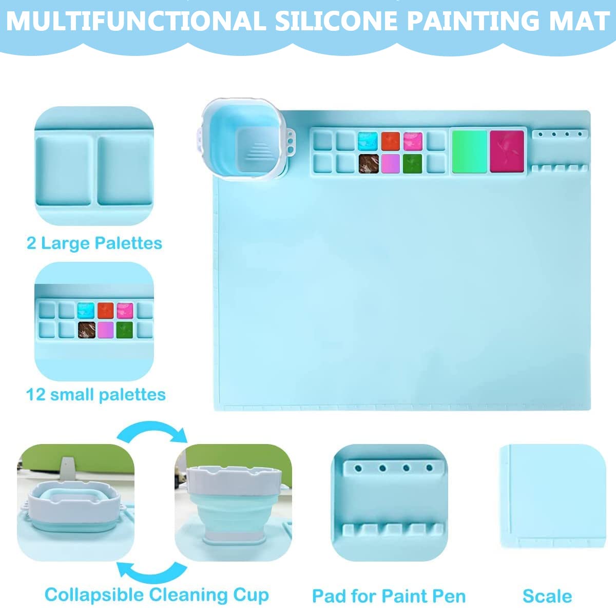 HASTHIP 50*40cm Silicone Craft Mat for Painting Play Doh and Clay for Kids, Non-Stick Multipurpose Silicone Sheet with Cleaning Cup and Color Mixing Plate for Arts and Crafts, Painting, Resin Casting