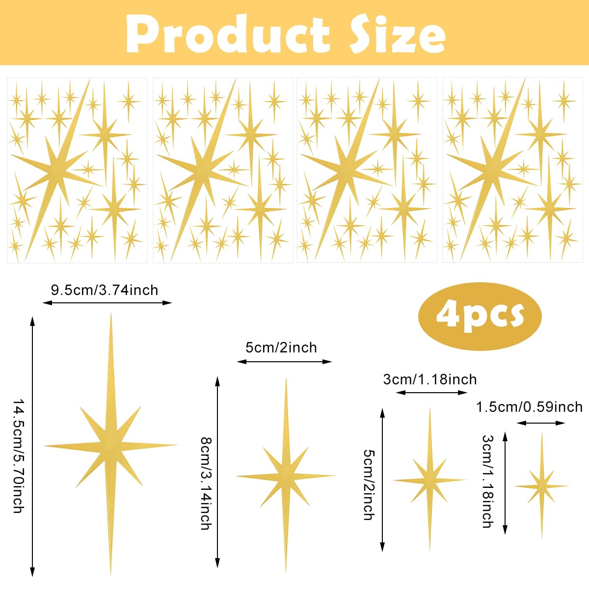 HASTHIP Golden Twinkle Stars Wall Stickers Multi Sizes Mirroring Acrylic Self Adheisve Stars Wall Stickers Background Decor Kids Room Wall Decor Home Decor