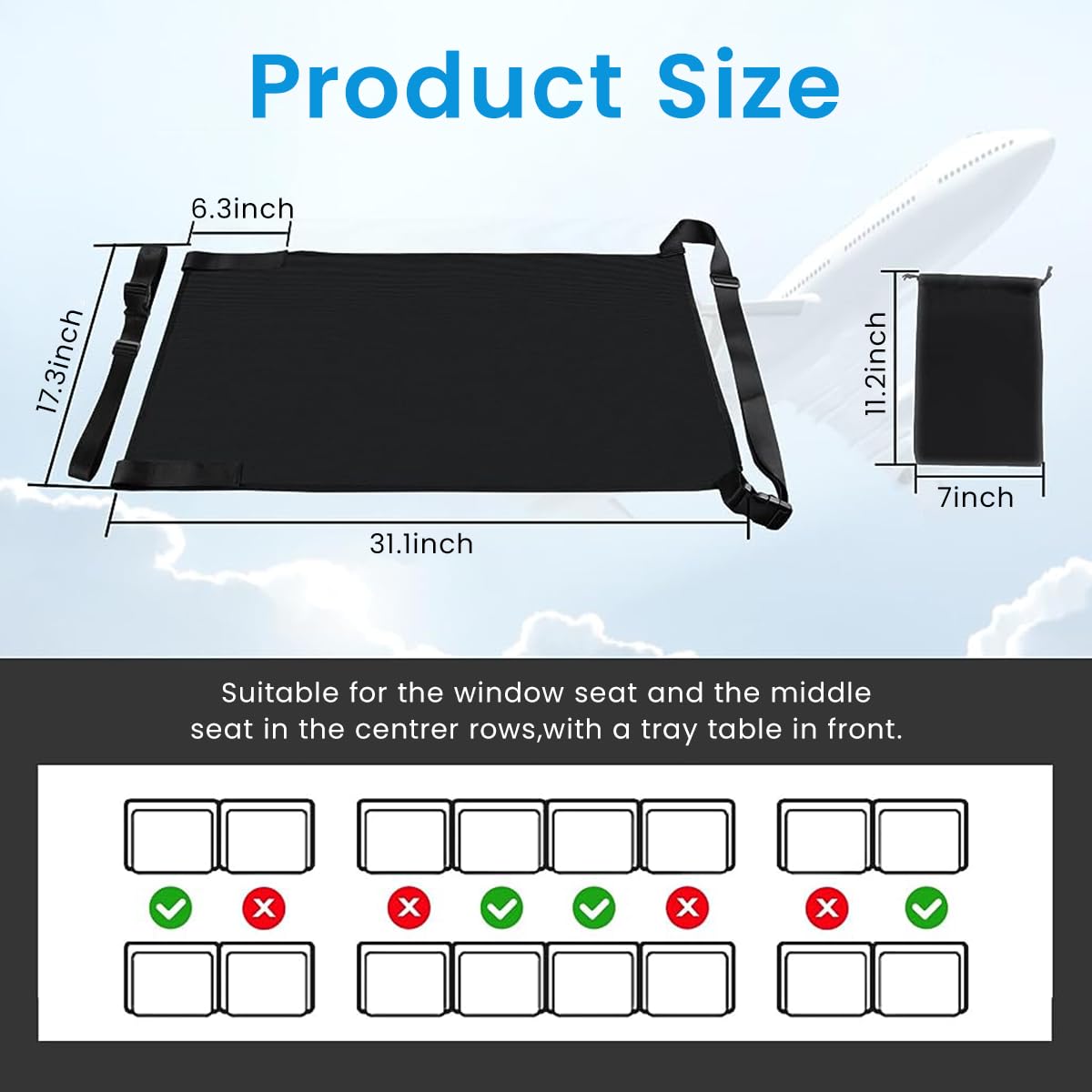 HASTHIP Airplane Footrest Kids Bed, Airplane Foot Hammock for Baby Toddler with Anti-Slip Design, Baby Car Bed Airplane Seat Extender for Kids, Portable Baby Travel Accessories, 78 * 43cm (Black)