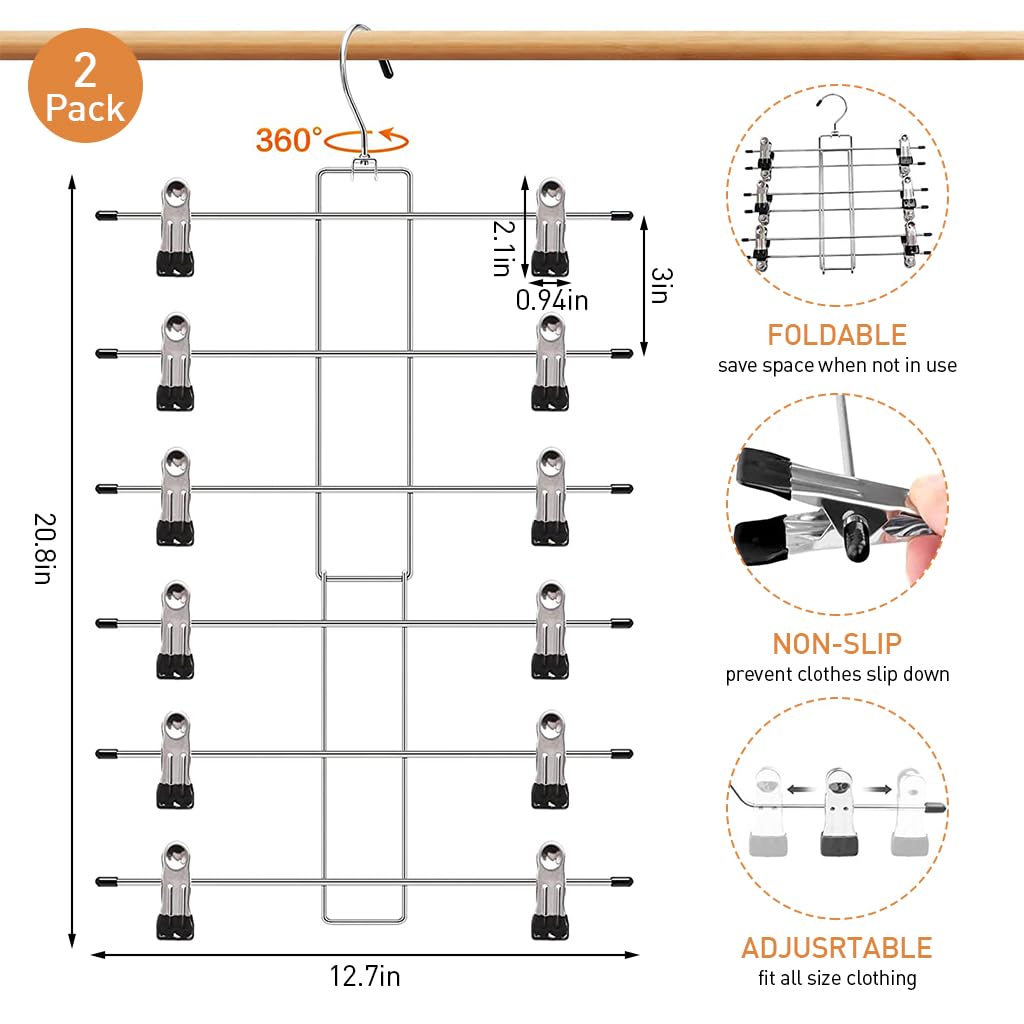 HASTHIP 2 Pack Hangers, Pants Hangers- 6 Tiers Skirt Hangers with 360° Swivel Hook, Hangers Space Saving Hanging Closet Organizer with Clips, Closet Organizers and Storage -Clothes Hangers