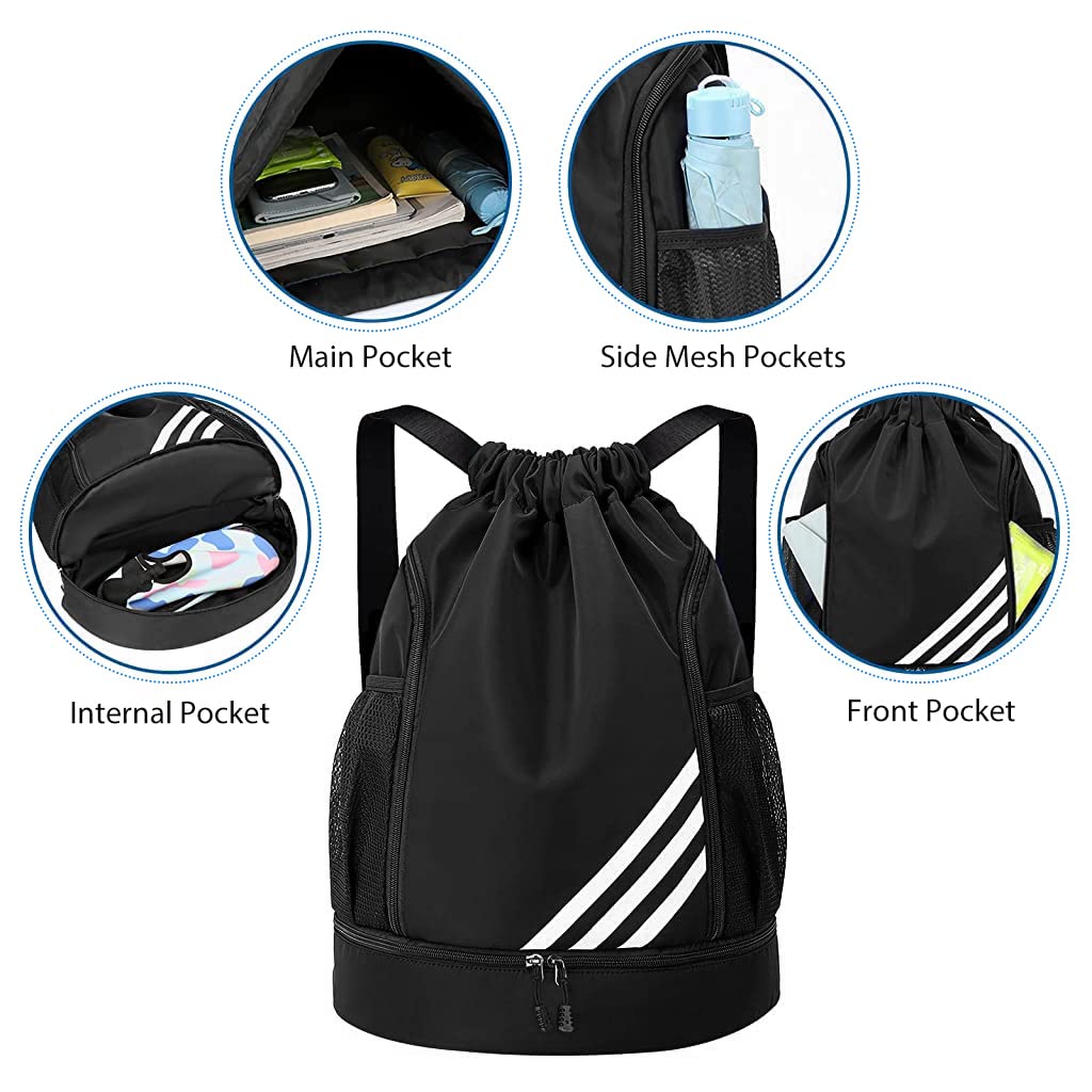 Optifit Drawstring Bag for Teens Men Women Gym Sports with Shoe Compartment, Double Layer Large Capacity Waterproof Drawstring Backpack for Basketball Football Outdoor Sports