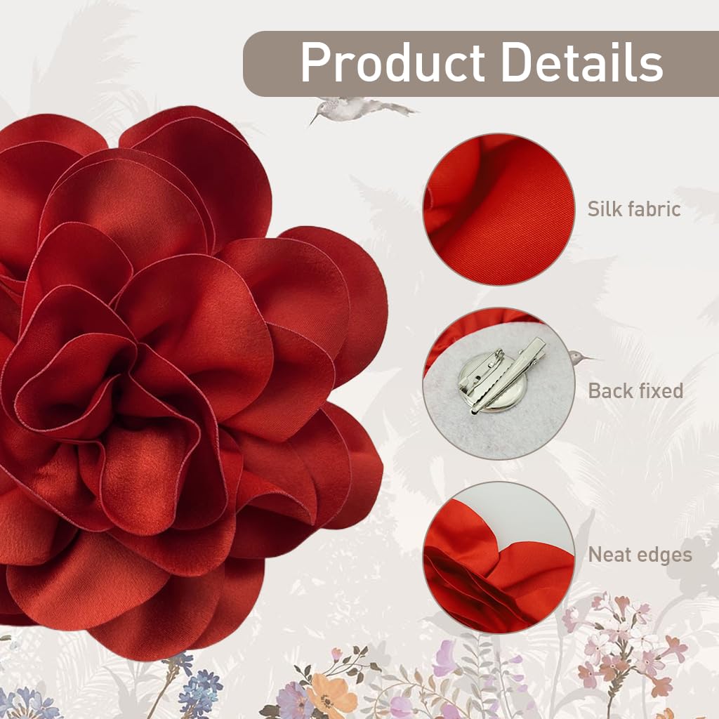 SANNIDHI Large Red Flower Embellishment for Evening Dresses, Floral Accessory Brooch Pin for Latin Dance Dresses, Salsa Dresses, Cha-cha Dresses, Rumba Dress, Suit, 19cm Diameter