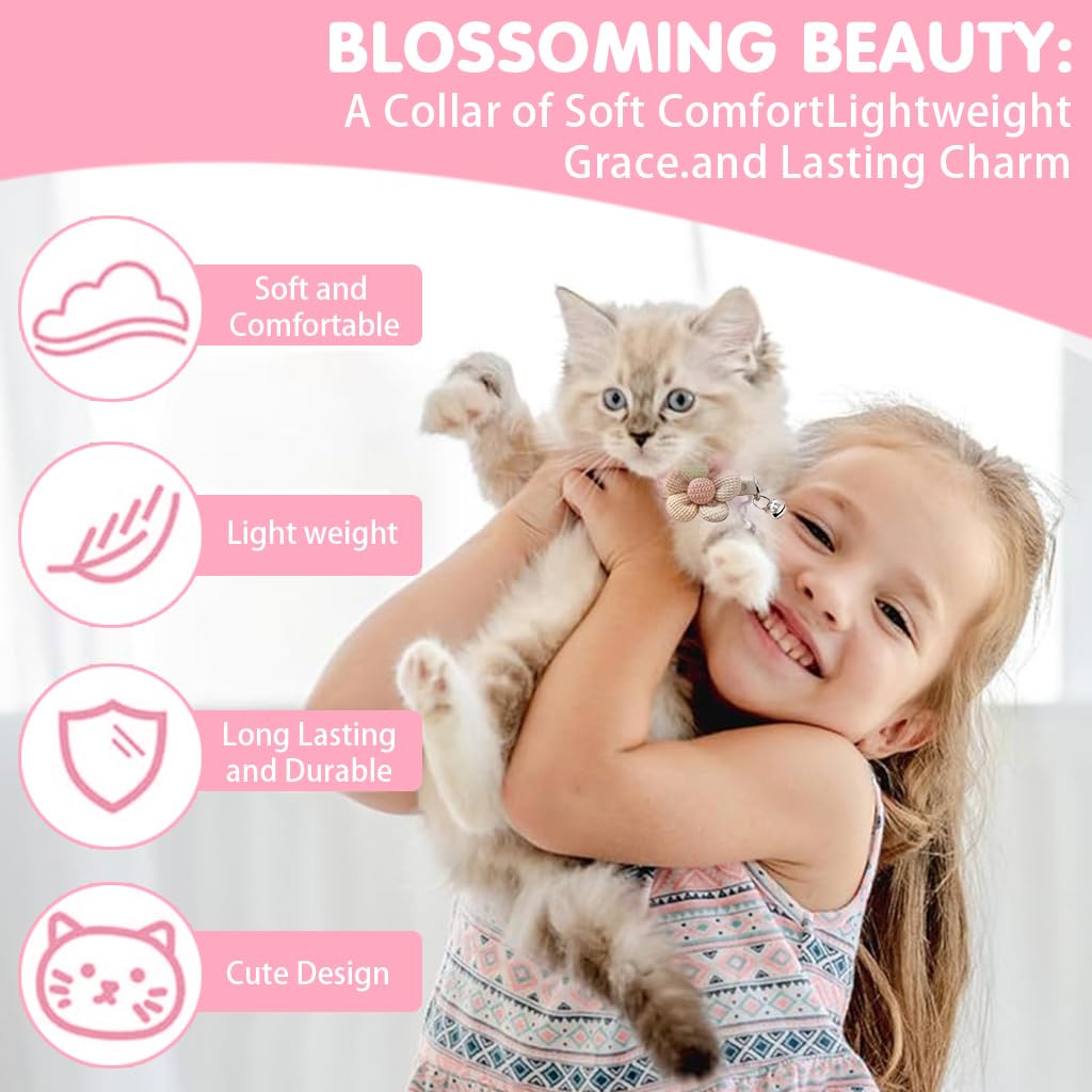 Qpets Cat Collar, Pet Collar Cute Flower Cat Collar with Bell, Lovely Cat Collar Quick Release Adjustable Cat Collar Soft Plush Collar Cat Gift, Pink