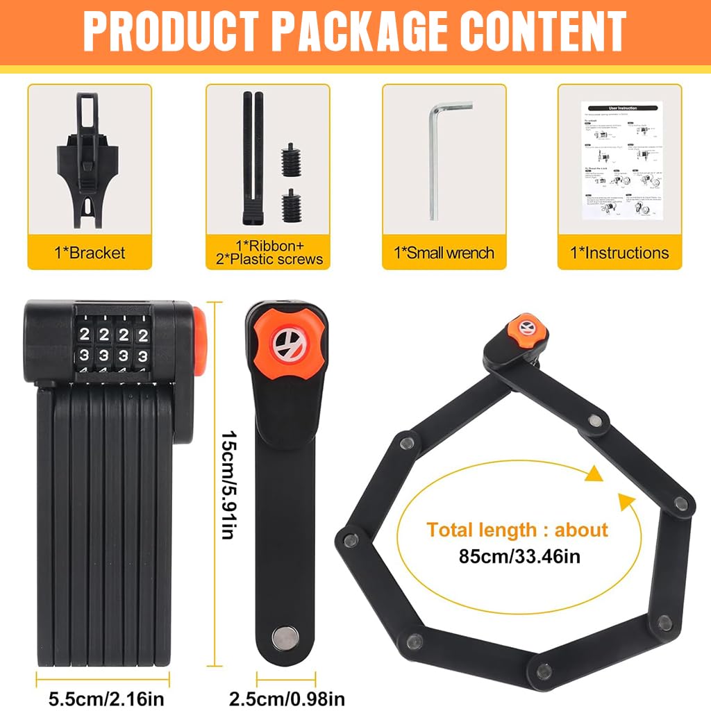 Proberos Bicycle Chain Lock, Anti-Theft Bike Locks, Folding Combination Chain Lock Bike Mounting Cut-proof Alloy Steel Chain Lock Anti-theft Wheel Lock for Motorcycle, Scooter, Bike