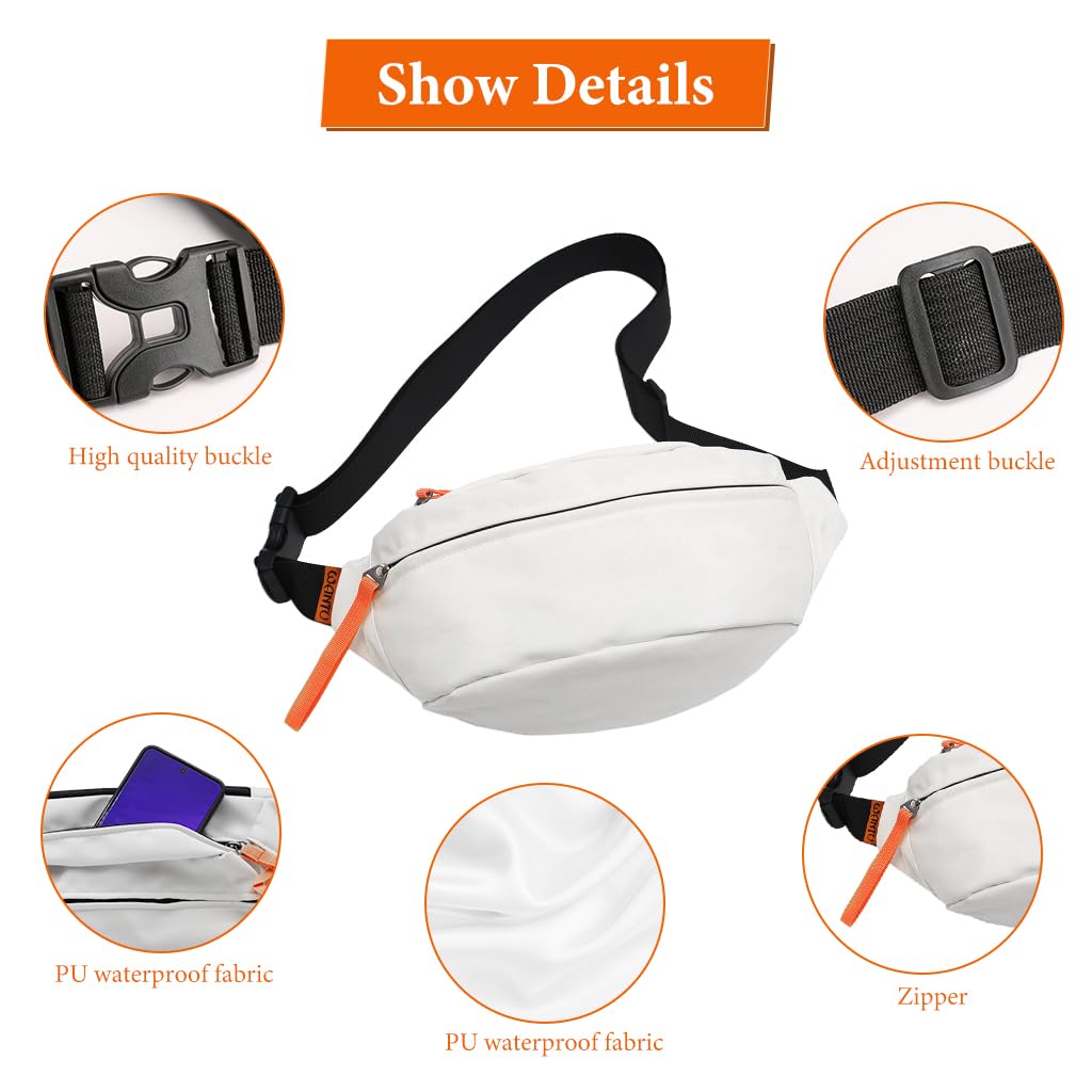 GUSTAVE Waist Bags for Men Women, Fanny Pack Women Cross Body Bag Mens Nylon Shoulder Bag, Money Bag for Commuting, Travel, Outdoor Activities, Cycling(white)