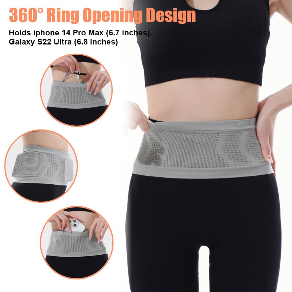 PALAY Slim Running Belt Bag with Hook Elastic Waist Bag for Keep Phone, Keys, Earbuds, Waist Bag with Large Capacity Running Waist Pack for Workouts, Exercise, Cycling, Travel, Grey