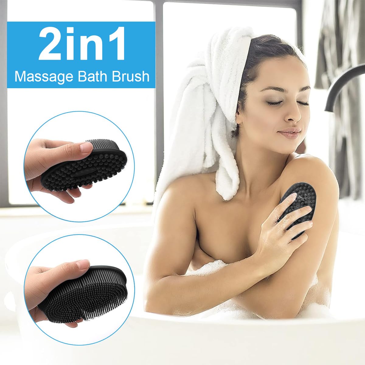 MAYCREATE Silicone Body Scrubber, Silicone Loofah Shower Body Scrubber with Handle, 2 in 1 Body Exfoliator Scrubber Body Scrub Bath Scalp Massager Shampoo Brush for All Kinds of Skin, Black