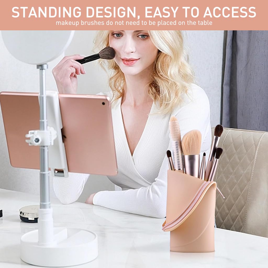 MAYCREATE Makeup Brush Holder Silicone Makeup Brush Organizer Travel Makeup Brush Zipper Pouch Stand-up Desk Make up Brush Case Small Cute Cosmetic Bag Mini Makeup Pouch, 6.3x20.3cm