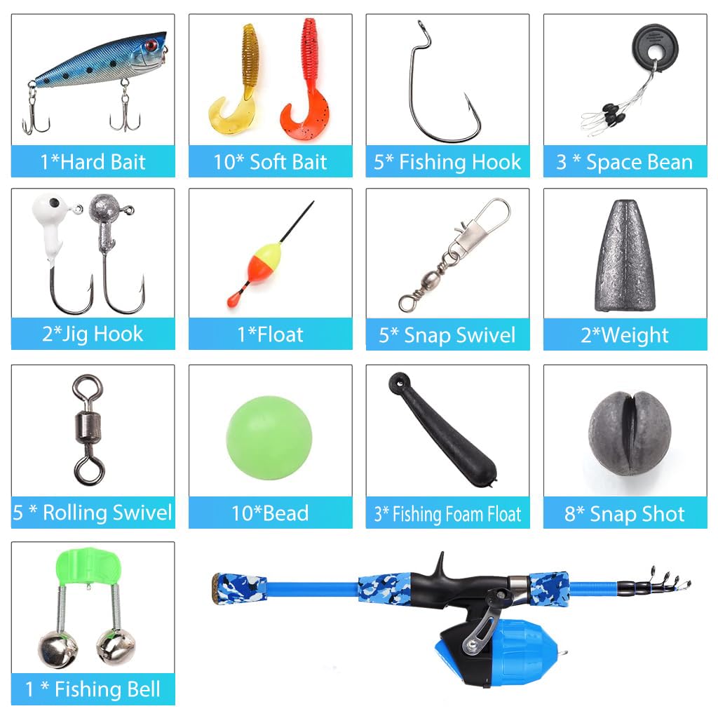Proberos Kids Fishing Rod Reel Set Outdoor Telescopic 1.2m/1.5m Fishing Rod Reel Set with Fishing Line, Fishing Lures Accessories Kit & Carry Bag Fishing Learning Kit for Kids Children's Day Gift