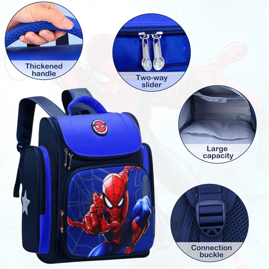 FANCYKU School Bags for Boys Spider Man Bag School Backpack Large Capacity Travel Bag For Camping, Burden-relief School Bag for Kids Boy 6-12 Years Old, Blue