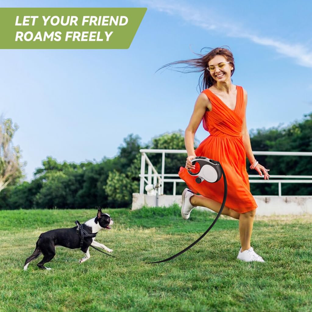 ZIBUYU Retractable Dog Leash with Detachable Waste Bag 2 In 1 Auto Dog Belt One Button Lock & Release Strong Nylon Tape No Tangle for Small, Medium, Large Pet Accessories (Dogs Up to 50kg) 5m