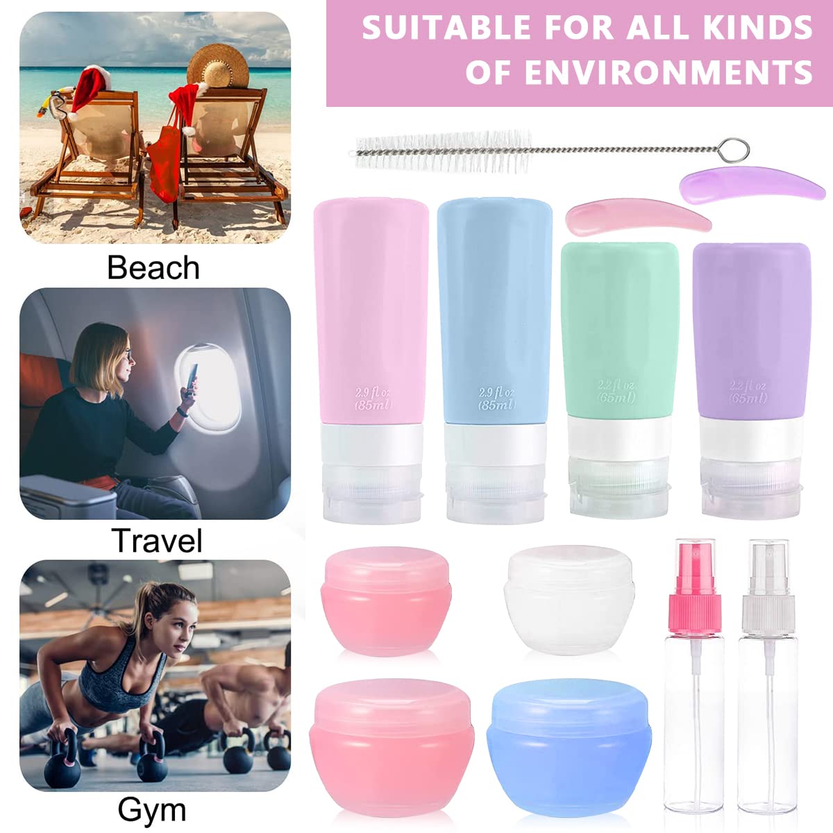 MAYCREATE Set of 14 Travel Bottles for Toiletries, Leak Proof Silicone Squeezable Container Spray Bottle for Shampoo, Gel, Cream Jars, Lotion Dispenser -with Applicator, Funnel, Clean Brush Set
