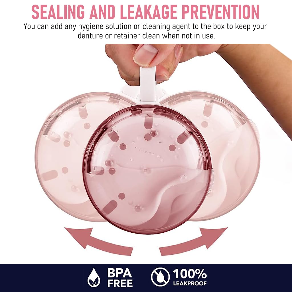 HANNEA Denture Case, Denture Bath Case Cup Box Holder, Leak Proof Portable Retainer Case, Denture Box with Strainer & Mirror for Travel, Denture Case for Aligner Retainer Mouth Guard, Pink