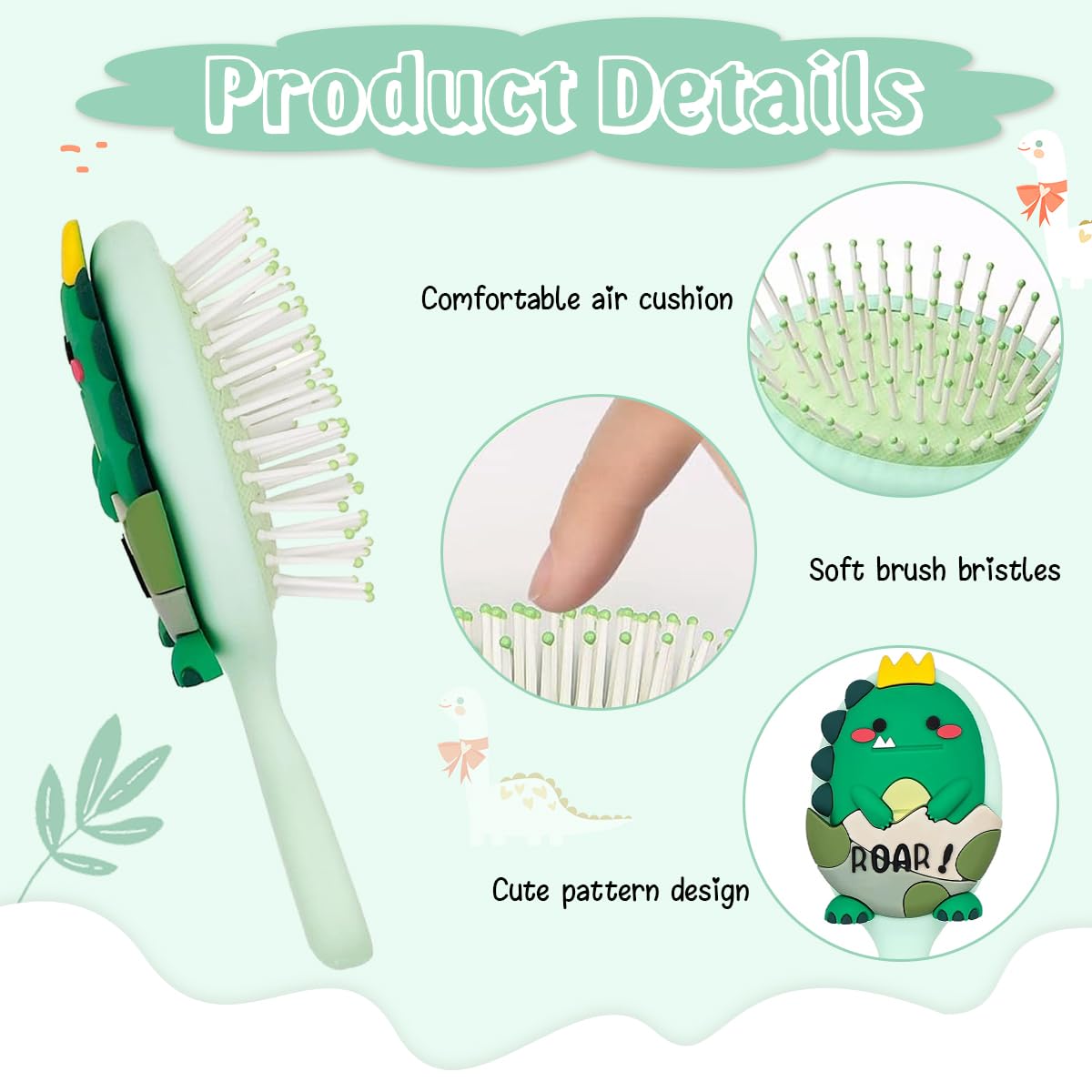 PALAY Hair Brush for Kids Cartoon Dinosaur Toddler Paddle Hair Brush Kids Comb Mini Hair Brush with Soft Bristle and Air Cushion Hair Brush for Girls, Boys, Women - Green