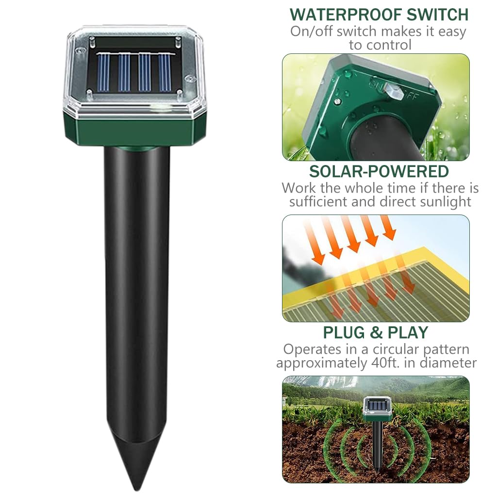 HASTHIP 4Pcs Solar Ultrasonic Animal Repellent - IP65 Waterproof Animal Repellent - 26cm Outdoor Animal Repellent Devices - Switchable Ultrasonic Animal Repellent for Mice, Rodent, Birds