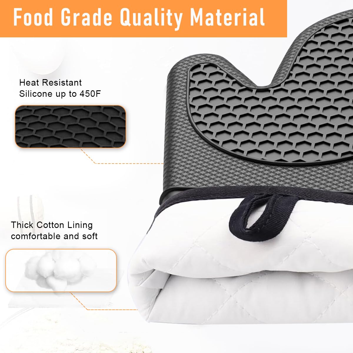 HASTHIP 1 Pair Oven Mitts Black Silicone Thermal Oven Mitts with Thicken Cotton Lining Insulation Oven Mitts Anti-Slip Palm Texture Design Kitchen Waterproof Oven Mitts with Hanging Loop