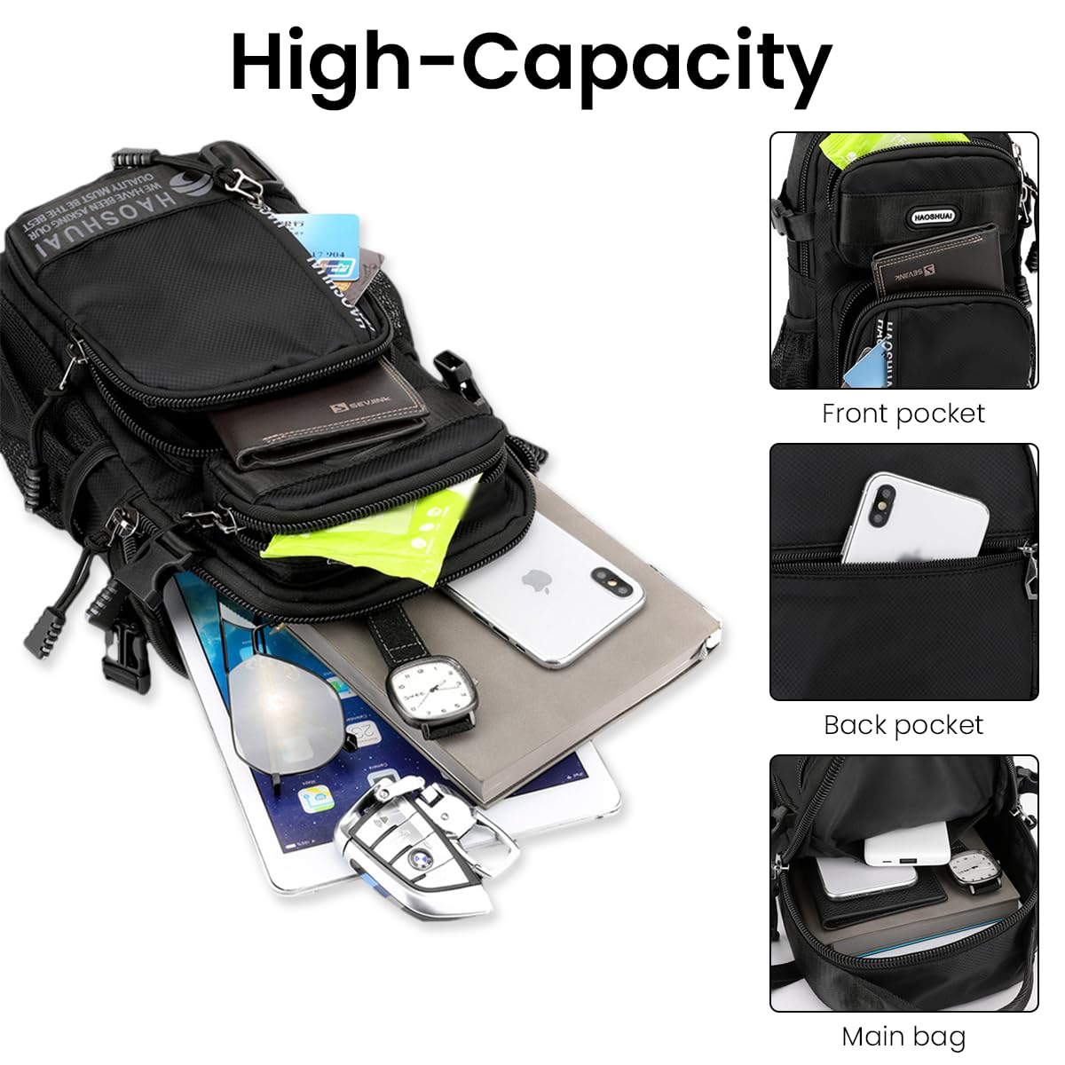 GUSTAVE Sling Bag for Men Crossbody Bag Multi Pocket Chest Bag Fashion Side Bag with Handle & Adjustable Strap, Convenient for Commuting, Travel, Outdoor Activities, Cycling(black)