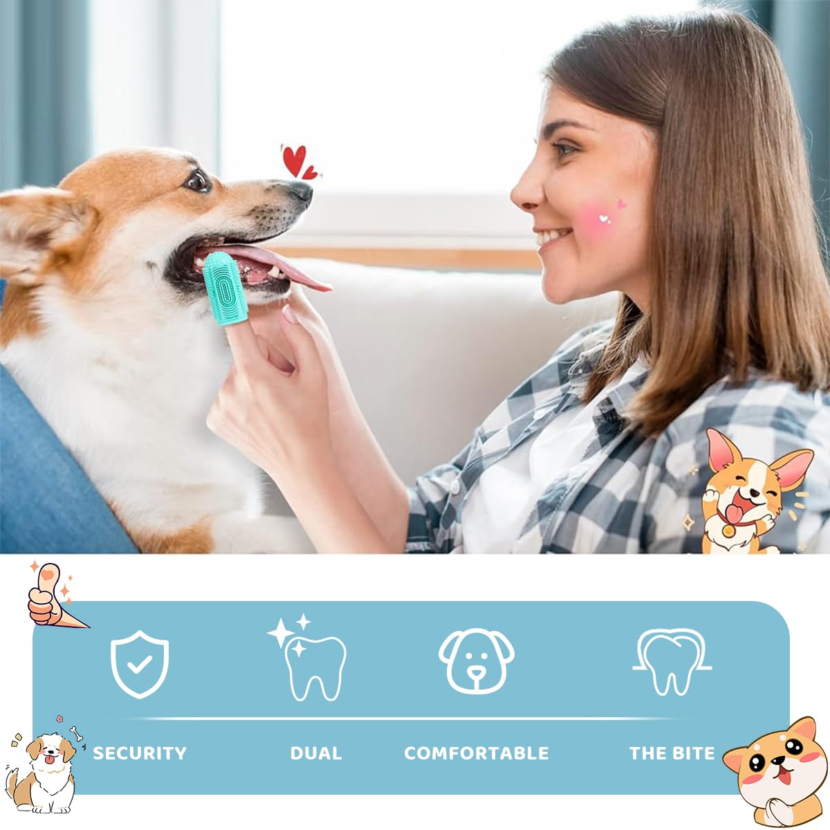 Qpets Dog Finger Toothbrush, Food-Grade Cat Finger Toothbrush Pet Teeth Cleaning 360° High-Density Silicone Bristles, Effective Plaque Removal Versatile & Washable Pet Oral Care for Cat and Puppies