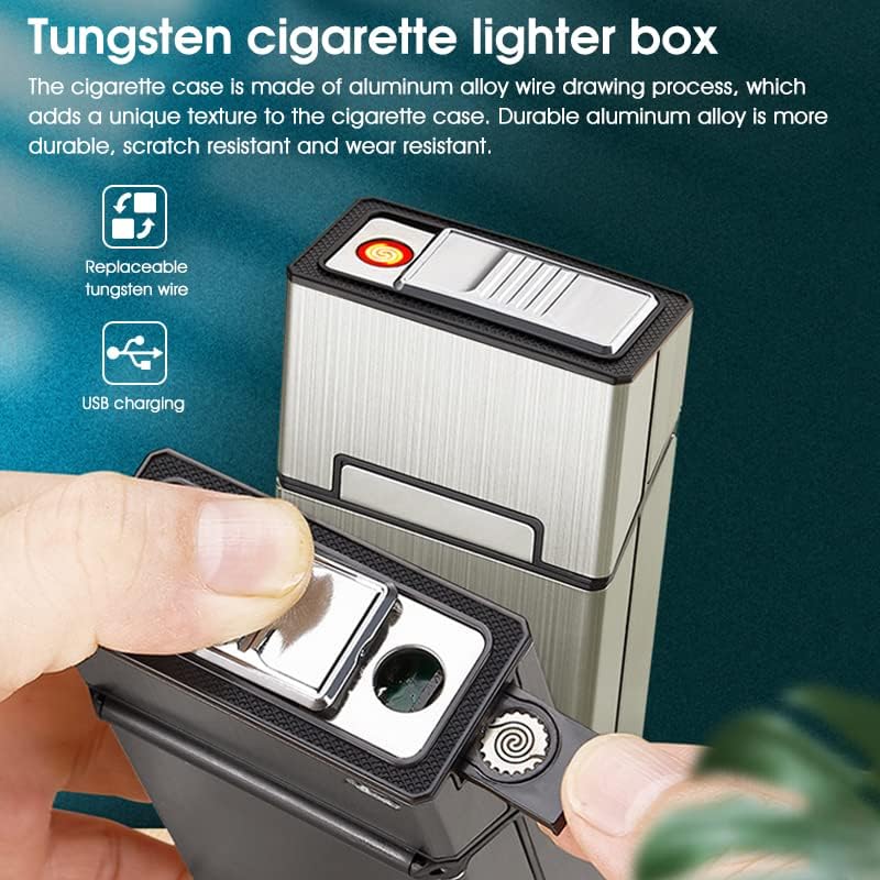 GUSTAVE Brushed Aluminum Cigarette Case with USB Electric Lighter, Portable Cigarette Box for Whole Package 20pcs Cigarettes, Flameless Lighter, Moisture-Proof and Scratch(Golden)