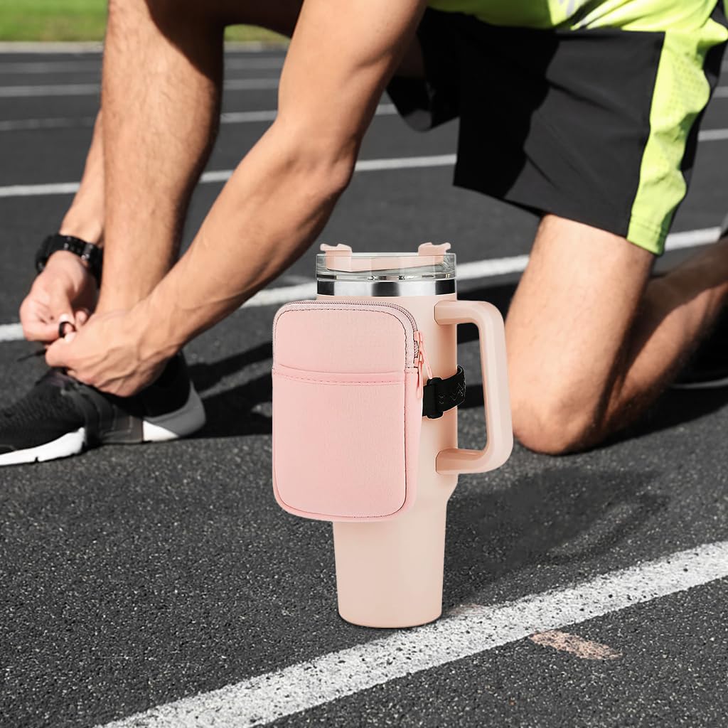 HASTHIP Water Bottle Pouch for Stanley, Gym Accessories with Adjustable Strap for Women, Sports Water Bottle Tumbler Pocket for Phone, Card, Keys, Cash, Pink