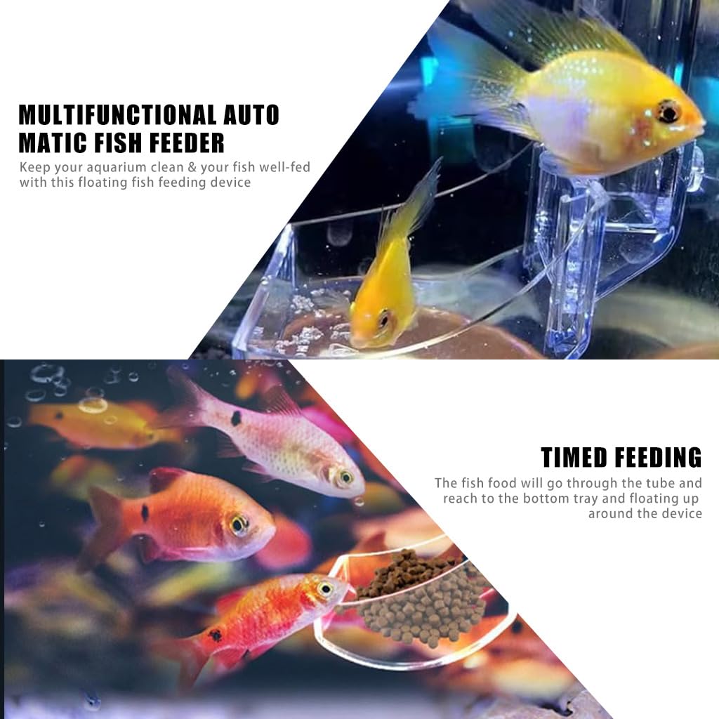 Qpets Multifunctional Automatic Fish Feeder, Aquarium Accessories Food Fish Tank Accessories Wall Mounted Fish Feeder with Adjustable Height and Suction Cup Design
