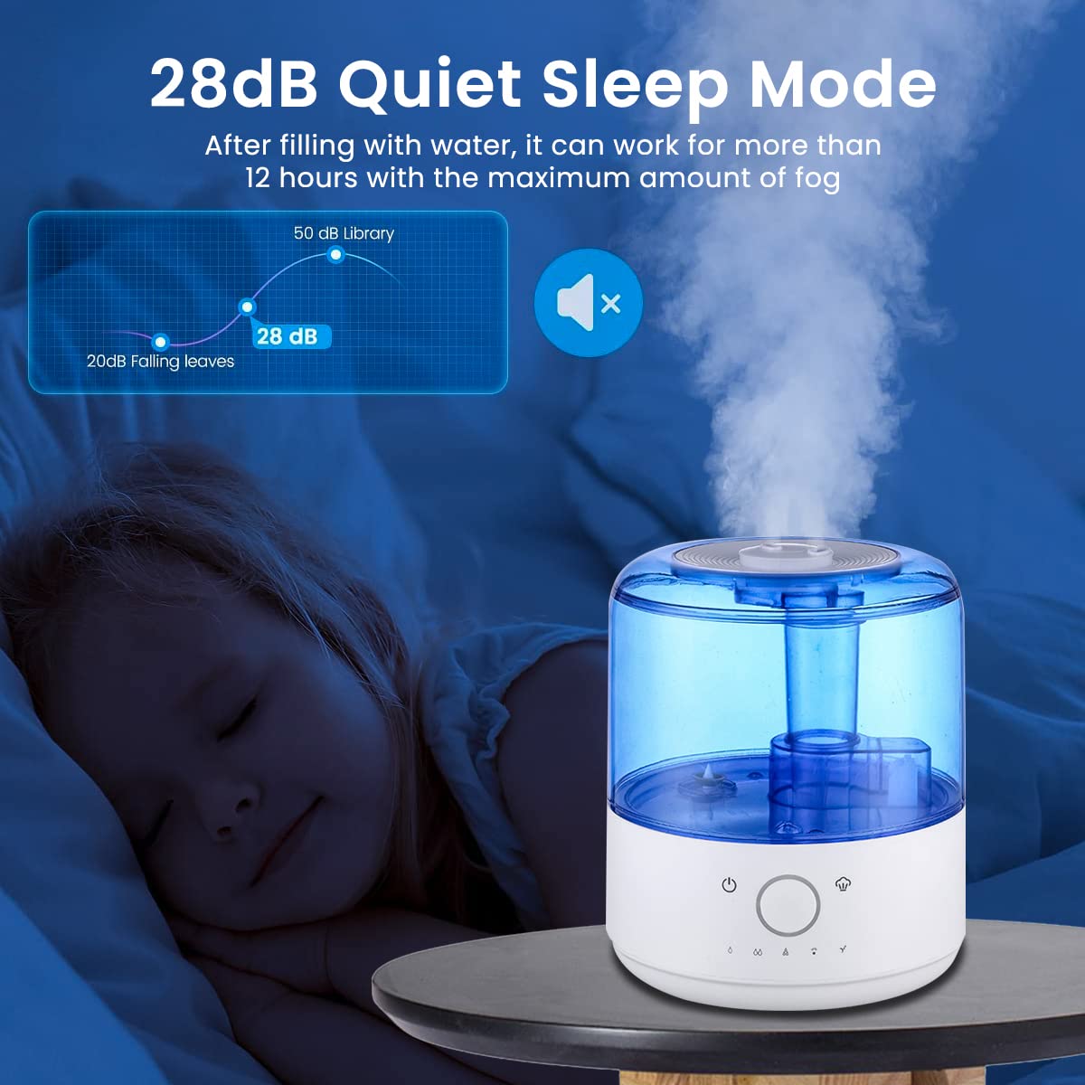HANNEA 3L Cool Mist Humidifier, Touch Button, for Bedroom, Home, Office and Plants, 28dB Low Sound Quiet Ultrasonic Humidifier, Easy to Clean Home Humidifier,Auto Shut Off