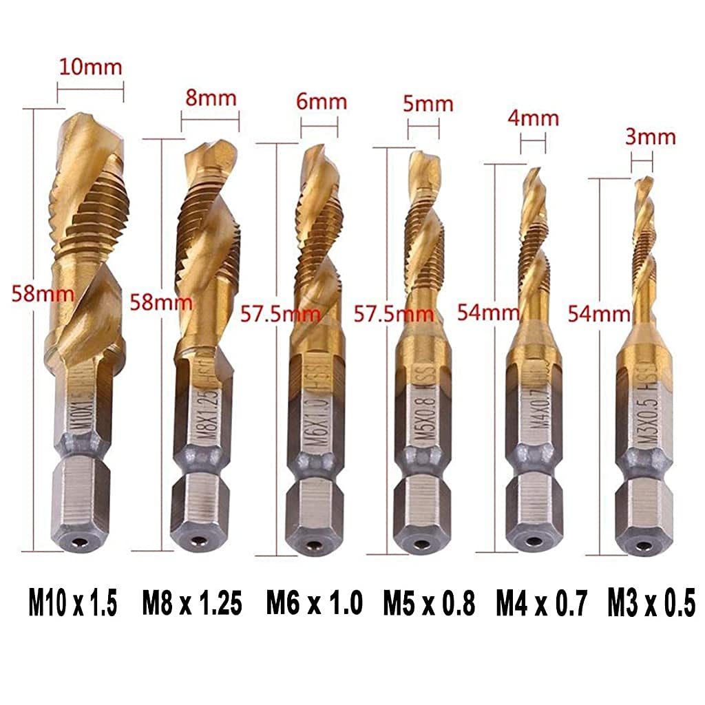 HASTHIP 6 Pack Spiral Hex Shank Combination Drill Screw Tap Bit Set (M3-M10), Tap Drill Bits Threading Drill Bit Threading Bit Tool for Drilling, Tapping, Cutting on Soft Metal, Aluminum Plate