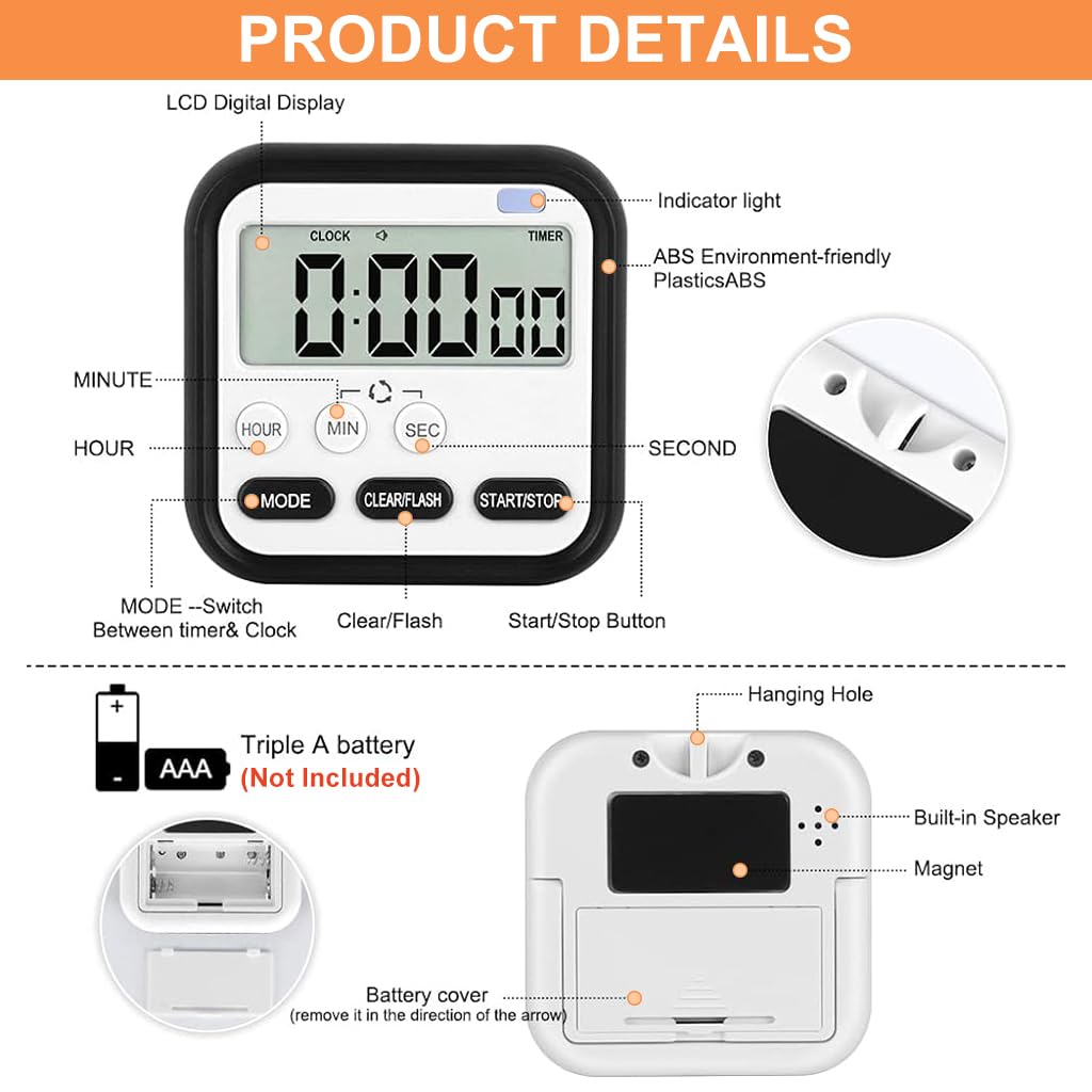 ZIBUYU Kitchen Timer, Digital Visual Timer 24-Hours Clock Stopwatch Count-Up & Count Down Timer with Large LCD Screen Display Big Digits, Loud Alarm for Cooking, Shower, Bathroom, Kids, Teacher Black