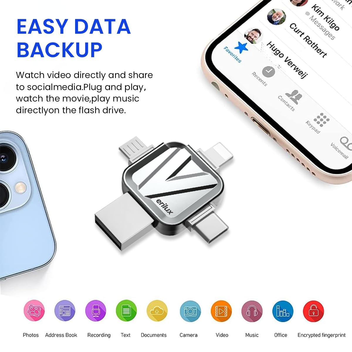 Verilux Pendrive 64GB 4 in 1 Flash Drive with Light-ning, Micro USB, USB A, Type-C Interface High Speed Mini Hangable 64 GB PenDrive for iOS & Android Compatible with iPhone, iPad, Android, PC