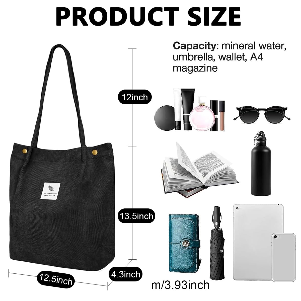 PALAY Tote Bag Corduroy Grocery Bag Large Hand Bag For Women Shopping Bag, Grocery Bag, Shoulder Bag For Shopping, Commuting, Black