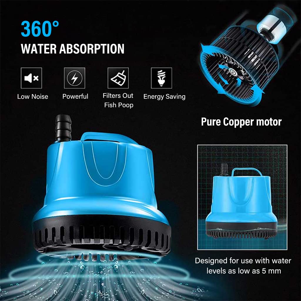 Qpets 1200L/H Submersible Water Fountain Pump, Mini Water Pump for Pond, 25W Power Large Water Pump for Fountain, Water Circulation Pumps with Suction Cup Bottom for Fish Garden (Blue)