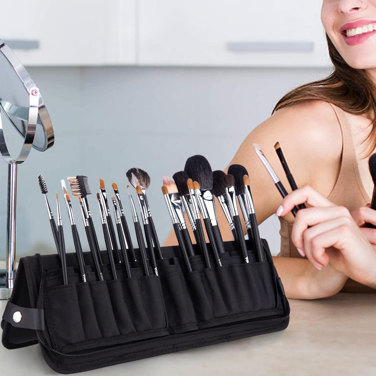 MAYCREATE Makeup Brush Holder Bag Travel Portable Makeup Brush Organizer Case Foldable Zipper Cosmetic Brush Storage Pouch Stand with 29 Elastic Pockets (Black)
