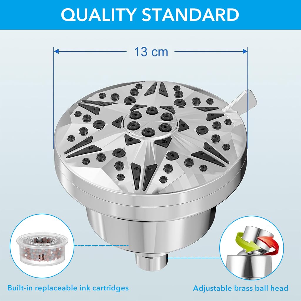ZIBUYU Bathroom Shower Head Multi-Filtration Shower Head 360 ° Rotatable Shower Head with 8 Sprayer Modes 5.2 inches Modern Bathroom Pressurized Rain Shower Head Shower Water Softer