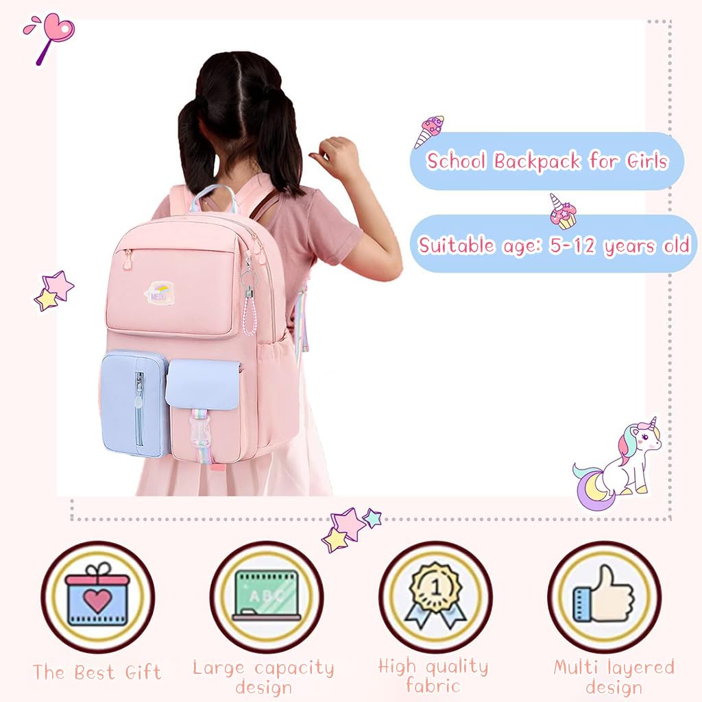 PALAY School Backpack for Girls Fashion Pink Large School Bag Book Bag for Schoolgirls Lightweight School Backpack New School Backpack School Gift for School Girls 8-12 Years Old