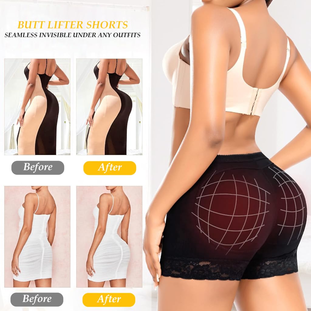 ZIBUYU Women Butt Lifter Panties Padded Shapewear Hip Enhancer Panties Lace Pads Shorts Seamless Underwear Tummy Control Boyshorts, M, Black