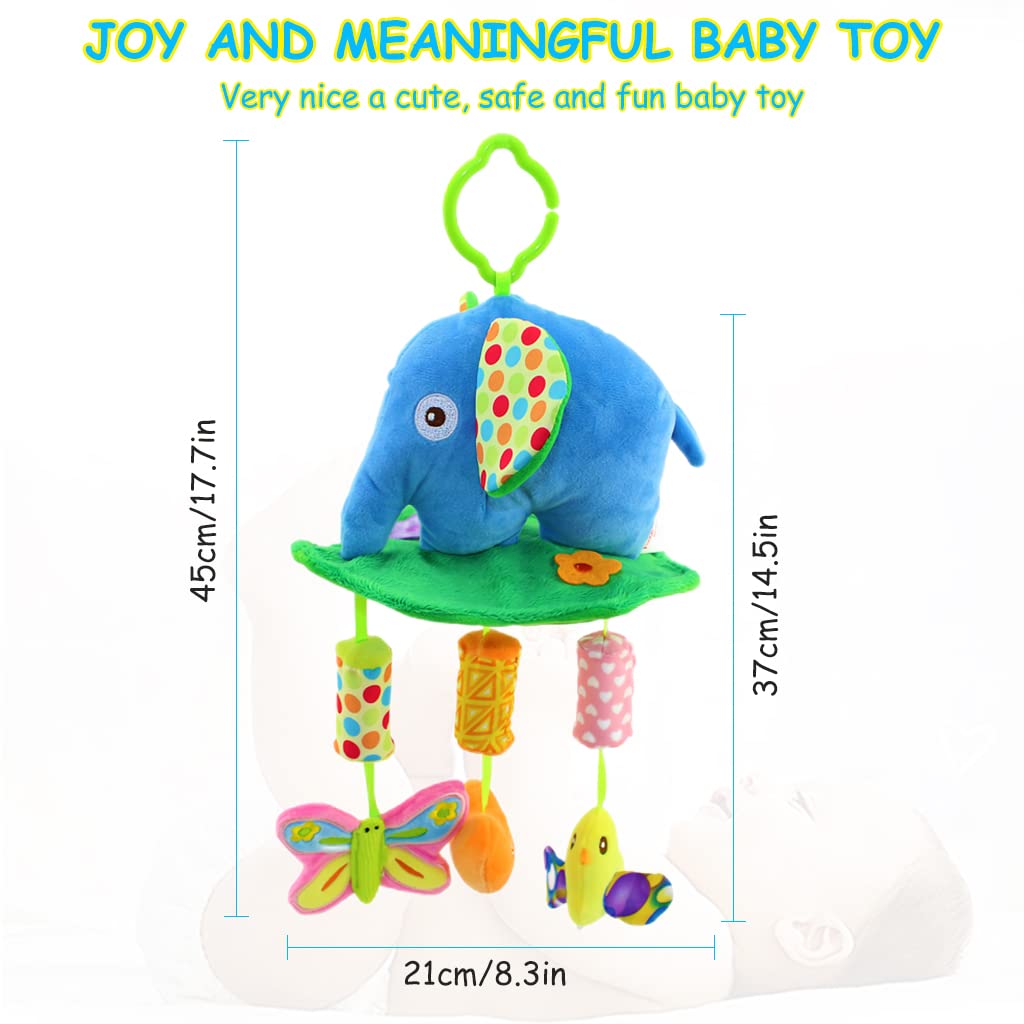 PATPAT Hanging Toys for Babies 0-6 Months, Rattle Crinkle Squeaky Toy Car Seat Plush Stroller Toy with Teethers Plush Animal C-Clip Ring for Infant Babies Boys and Girls 3 6 9 to 12 Months -Elephant
