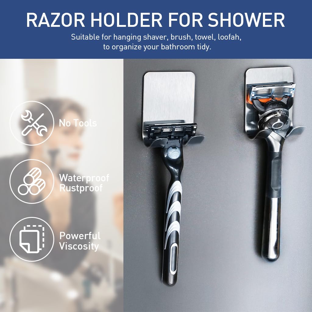 HASTHIP 5Pcs Wall Hooks Self Adhesive Razor Holder Rack Men's Shaver Holder Rack Brushed 304 Stainless Steel Bathroom Towel Hooks Dual-Hook Wall Hooks Metal Hooks for Bathroom, Kitchen