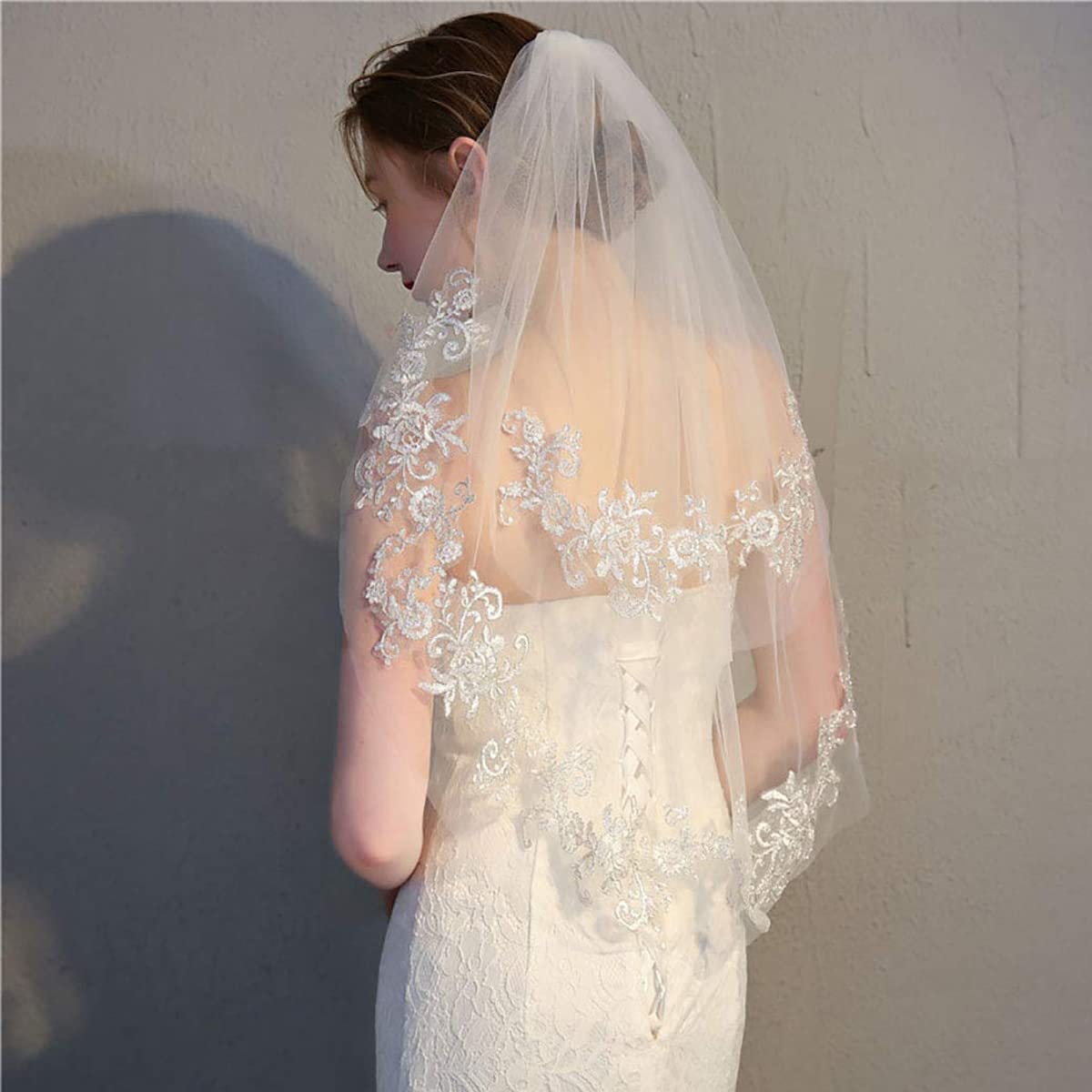 PALAY Wedding Veil 1.5m Lace Edge Bridal Veil Pure White Veil for Wedding Bride, Women Tulle Short Veil for Wedding Bachelorette Party