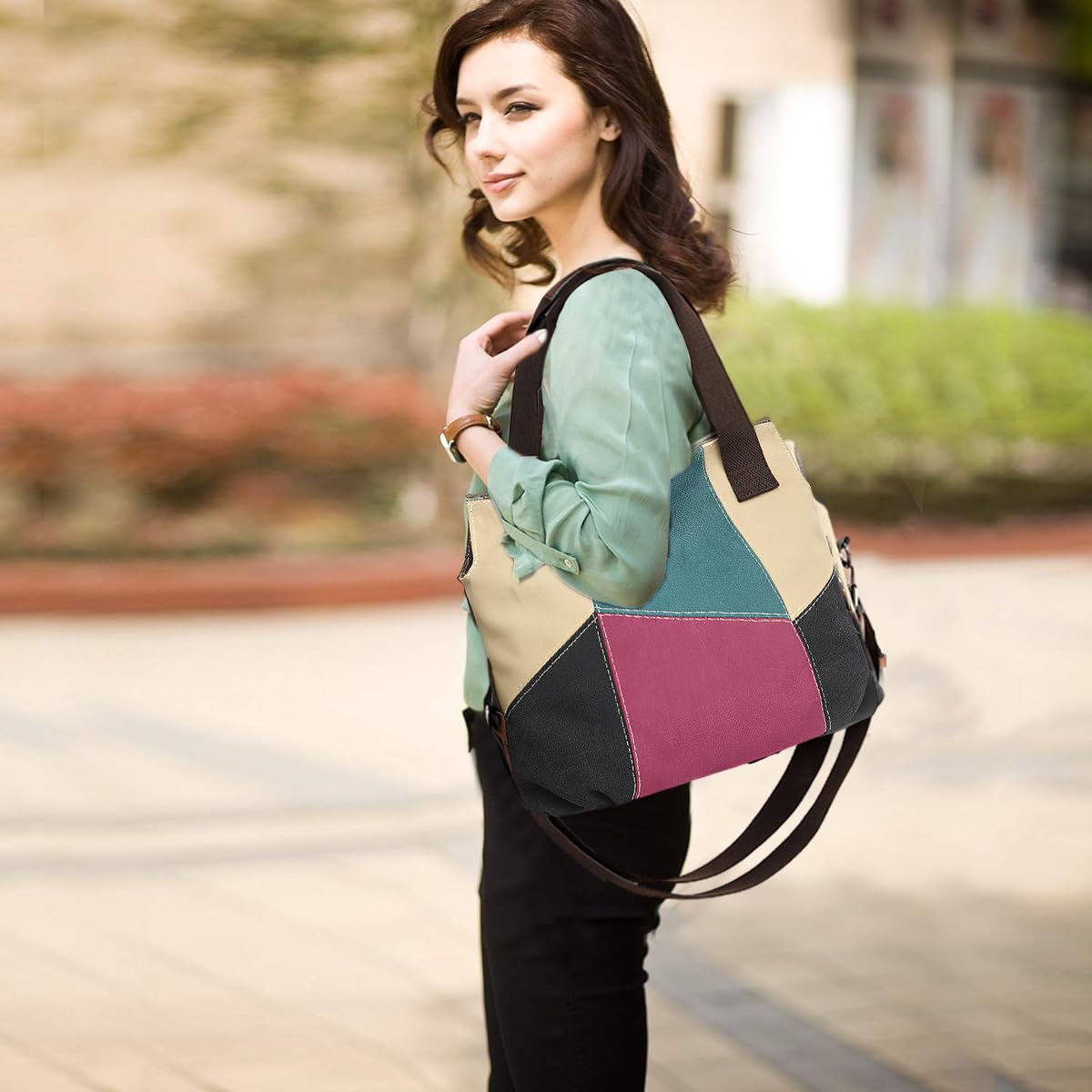 PALAY Canvas Tote Shoulder Bag Handbag for Women Fashion Patches Style Tote Bag with Detachable Shoulder Strap Large Canvas Tote Bag for Daily Work Bag for Women
