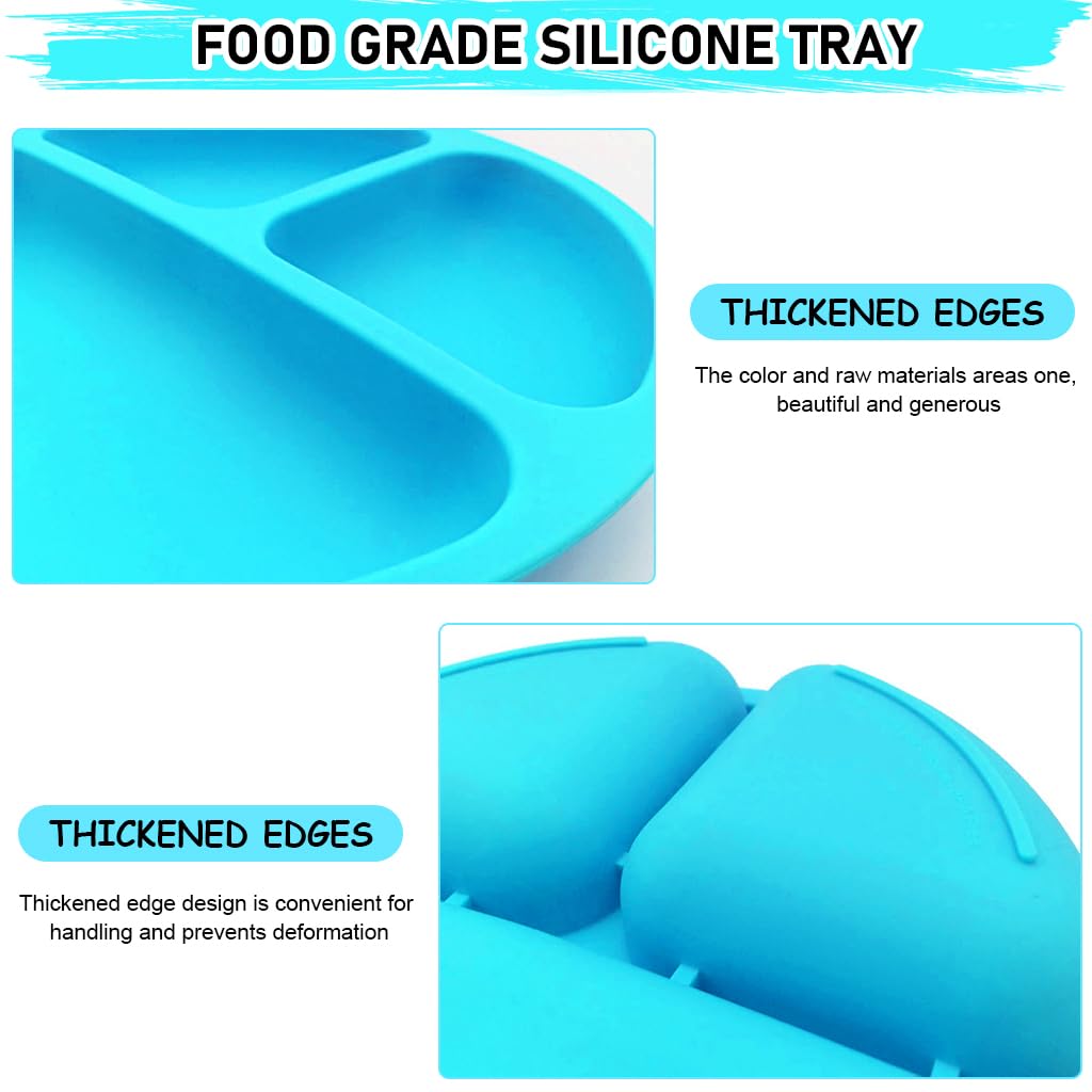 SNOWIE SOFT Suction Plates for Baby Feeding BPA Free Foodgrade Silicone 3-Grid Food Plates for Kids, Young Kids Tableware, Silicone Dinnerware with 4 Suction Cups, Dish Washer Safe (Blue)