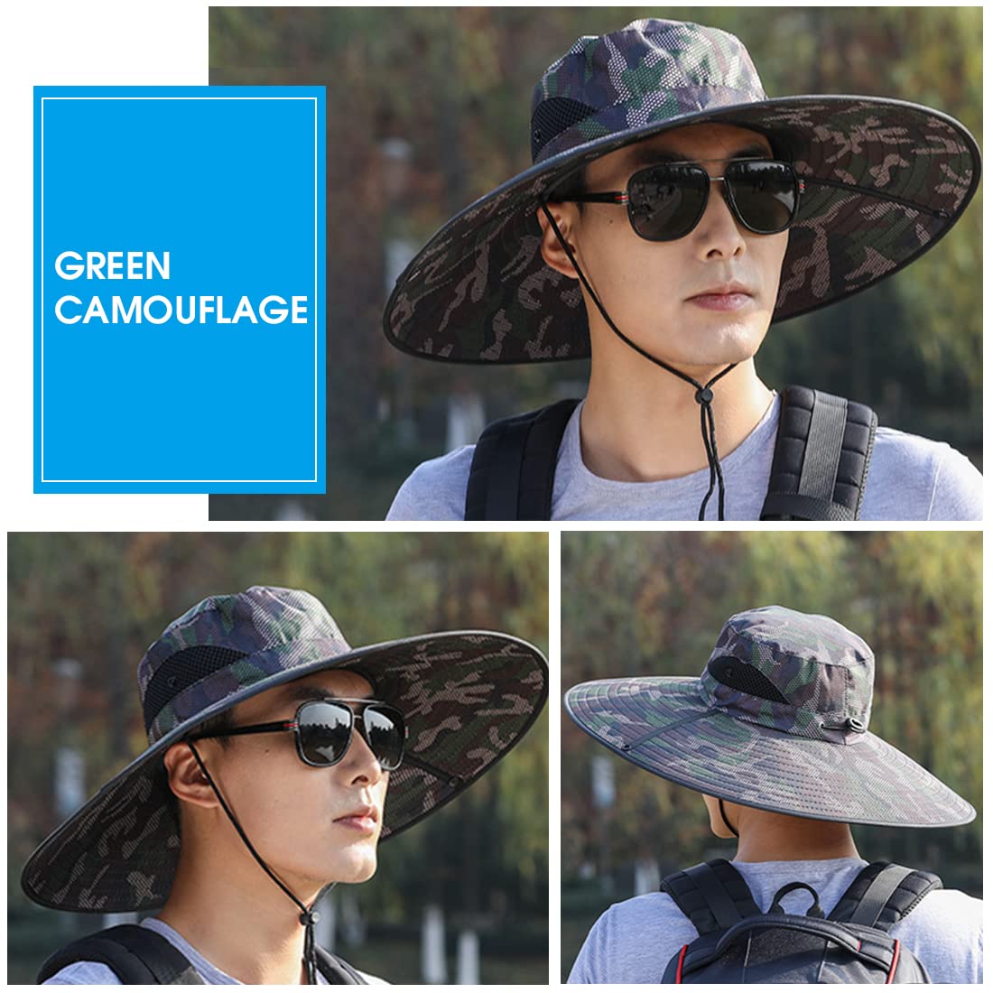 PALAY Green UV Protection Adjustable Breathable Mesh Chin Strap Wide Brim Summer Bucket Hat for Men with Classic Solid Color,Travel,Treking,Outdoor
