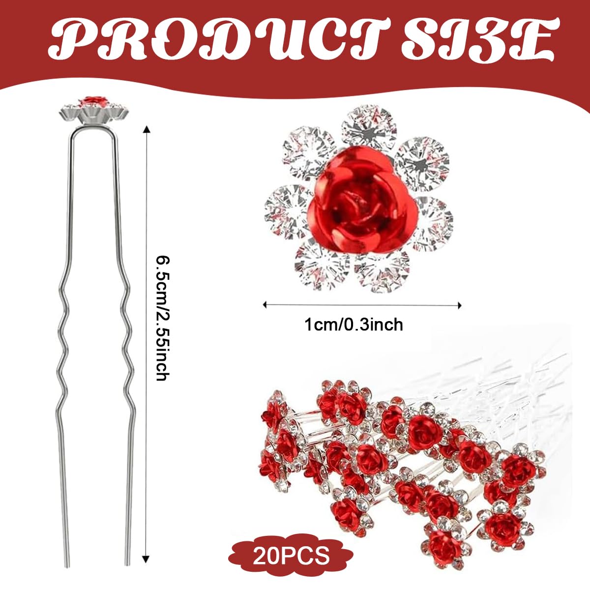 PALAY 20Pcs Hair Pins for Women Stylish Rose Flower Bridal Hairpin Crystal Hair Stick for Bun Red Rose Juda Pins for Hair Bun Fancy Wedding Hair Bun Pin for Women Girls Bridesmaids