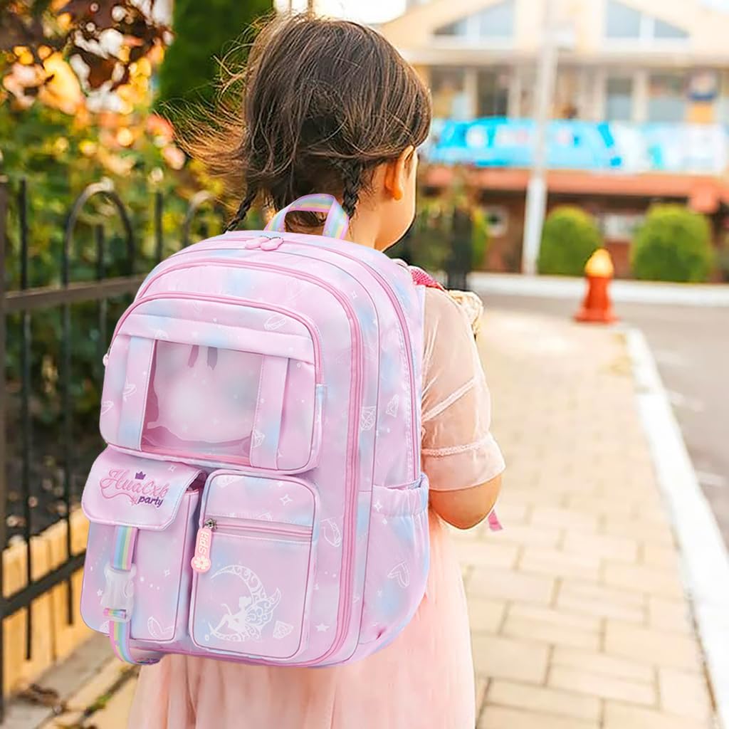 PALAY School Backpacks for Girls Stylish School Bags for Girls Kids 7-12 Years Old Cartoon Water Resistant Backpack Durable Burden Relief School Bag Children's Day Birthday Gift for Girls - Pink