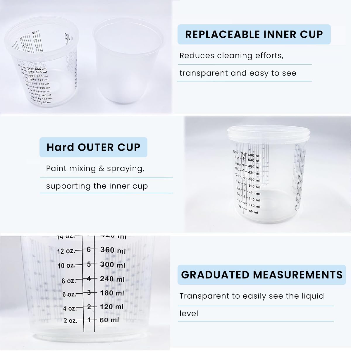 Serplex 600ml Disposable Paint Cup for Automotive Paint Spray Gun, HVLP Paint Spray Paint Gun, 10Pcs Standard Size Paint Cup with 10 Cup Liners, 10 Lids with Strainer, 1 Hard Cup