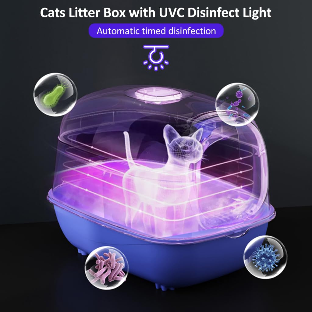 Qpets Cat Litter Box with UVC Disinfect Light Cats Litter Box Deodorization Box, Cat Litter Tray Auto Timing Disinfect, Large Splash-Proof Litter Box with Openable Lid, with Cat Litter Shovel