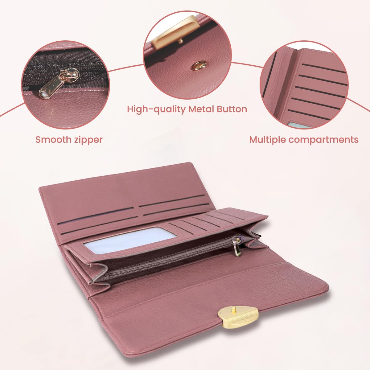 PALAY Women's PU Leather Long Wallet with Leaf Pendant Card Holders Phone Pocket Girls Zipper Purse