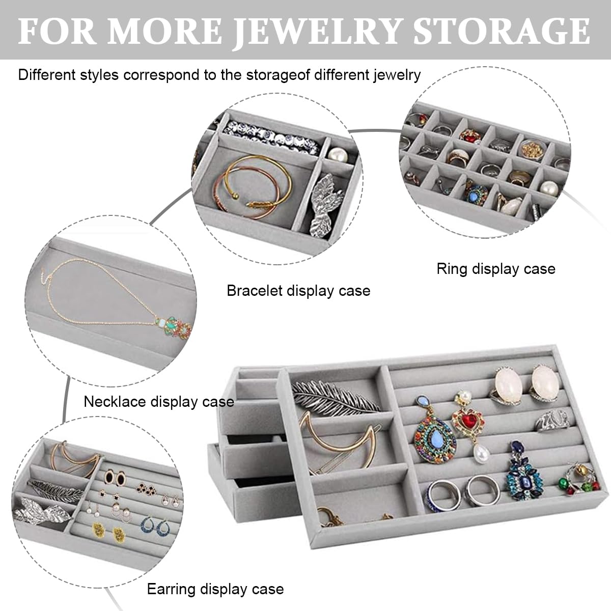 MAYCREATE Set of 4pcs Stackable Jewelry Organizer Box Tray, Earring Jewellery Organizer for Women, Drawer Inserts Container Display Case for Necklace Bracelet Ring Brooch