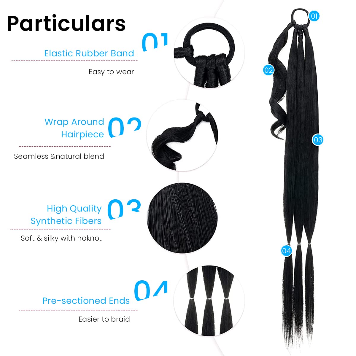 MAYCREATE Ponytail Hair Extension for Women, Long Braided High Ponytail Extension with Rubber Band, Straight Wrap Around Natural Soft Synthetic Hair Piece - 31 Inch, Black
